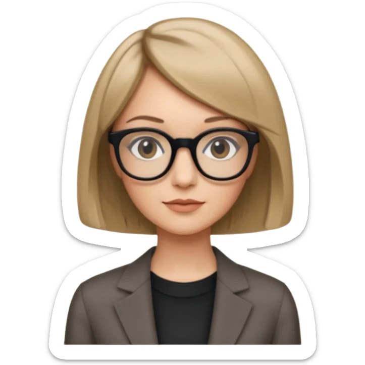 woman dark blonde petite bob haircut wears dark squarish glasses, classic clothes sticker