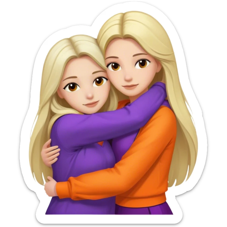 Black and blonde long hair ladys hugging each other with purple and orange clothes  sticker