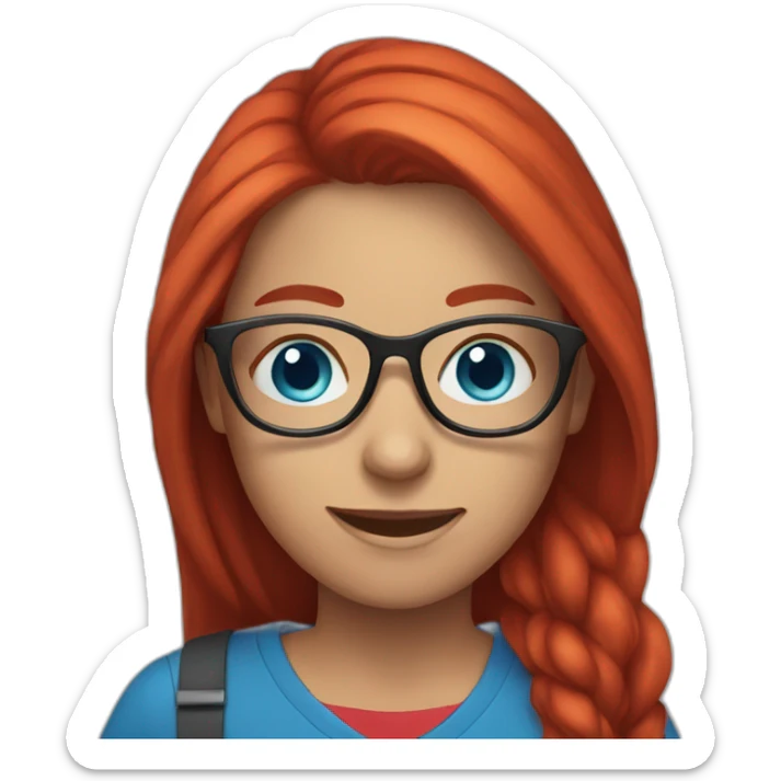 female with long bright red hair and glasses smiling with blue eyes and red shirt sticker