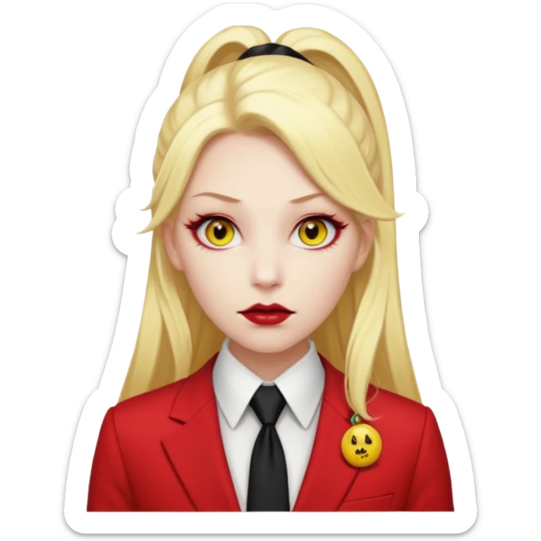 Woman with porcelain white skin, thick blonde hair that's in a thick, long ponytail, has a black nose, yellow scleras, red pupils, and a red suit with a black tie. Demon sticker