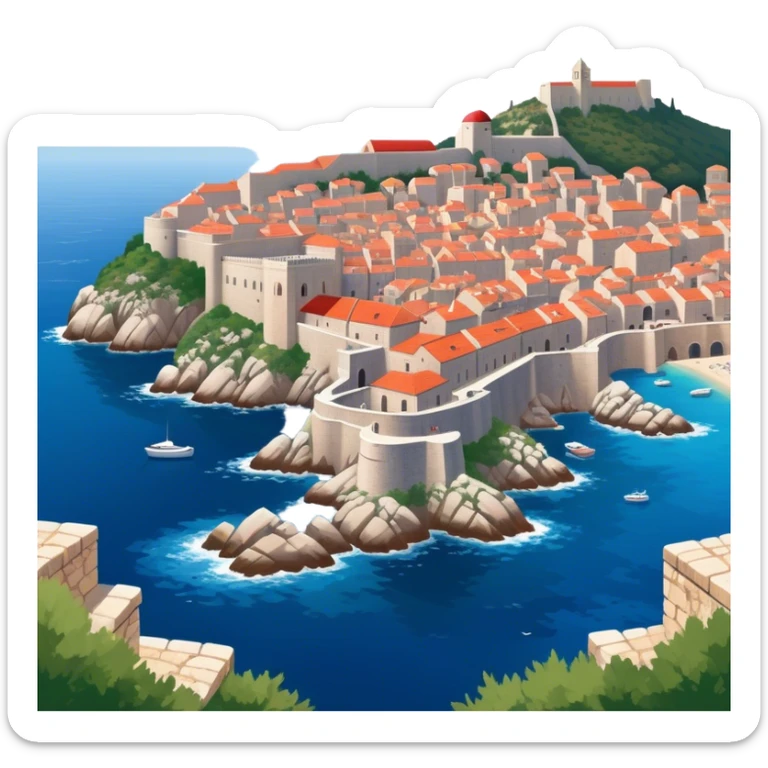 Dubrovnik – Cinematic Realistic Dubrovnik, depicted as a stunning coastal city with red-tiled roofs and ancient stone walls, set against the deep blue Adriatic Sea under warm Mediterranean light, rendered with rich textures that capture its enchanting beauty. sticker