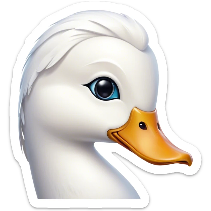 Cinematic Noble White Duck Portrait Emoji, Poised and regal, with a sleek, streamlined build and a pristine, well-groomed pure white plumage, deep-set soulful bright eyes, Simplified yet sharp and sophisticated features, highly detailed, glowing with a soft, dignified glow, high shine, intelligent and graceful, stylized with an air of aquatic elegance, focused and attentive, soft glowing outline, capturing the essence of a watchful and confident waterfowl, so majestic it feels as though it could glide out of the screen with effortless authority! sticker