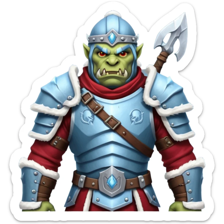 
Fantasy Christmas orc legion soldier icon, iron tundra army theme, heavy winter armor, disciplined brutal look, icy blue steel armor with deep crimson accents, frozen metal texture, cold winter atmosphere, male variant sticker