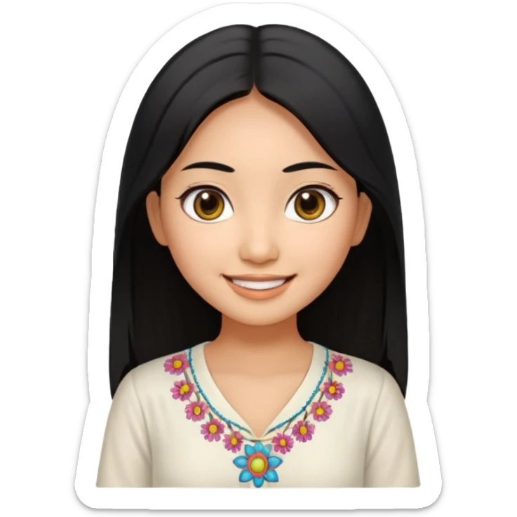 30 yr old asian woman center parted hair big eyes big smile tanned skin straight black hair hippie part hair white blouse sticker