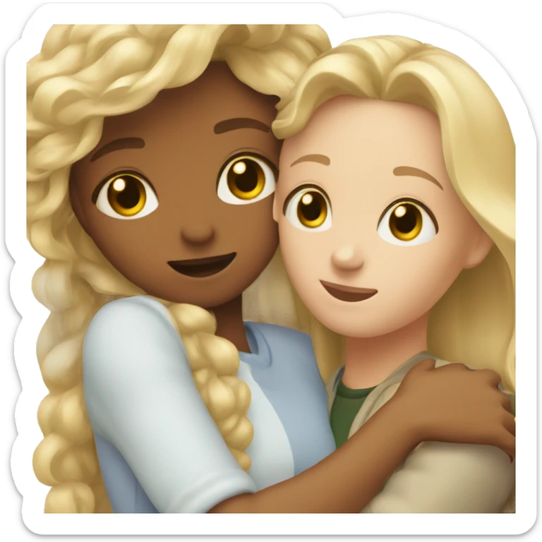 Two friends, a blonde with green eyes and a brown-haired woman with brown eyes, hug  sticker