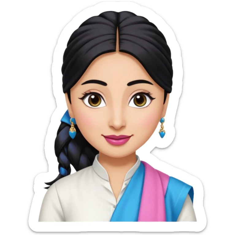 generate a pretty bratz emoji that looks like Kareena Kapoor's Geet character. 
Make her wear a white shirt with a colorful blue-pink dupatta wrapped around her neck. smiling big. Black hair tied into a side part ponytail

She should look like Kareena Kapoor sticker