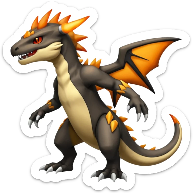 Magmatic fiery badass cool obsidian-Black and golden-orange Helioptile-Marowak-Croconaw-Fakémon-hybrid-creature (full body)  sticker