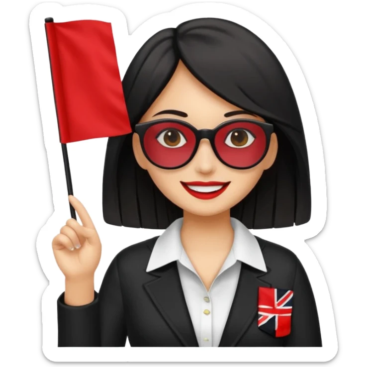 Una mujer morena (de pelo)  con una coleta de color negro) y gafas de sol de color negro y una bandera roja en la mano sticker