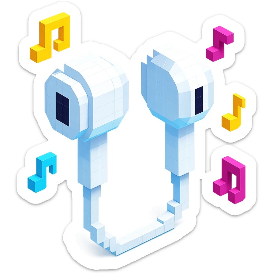 white EarPods headphones with a playful twist, surrounded by tiny music notes sticker