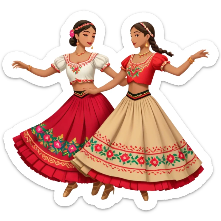 Cinematic Realistic scene of two dancers performing the Tarantella, dressed in vibrant, flowing traditional costumes with detailed embroidery and dynamic skirts, captured in festive motion with warm, lively lighting sticker
