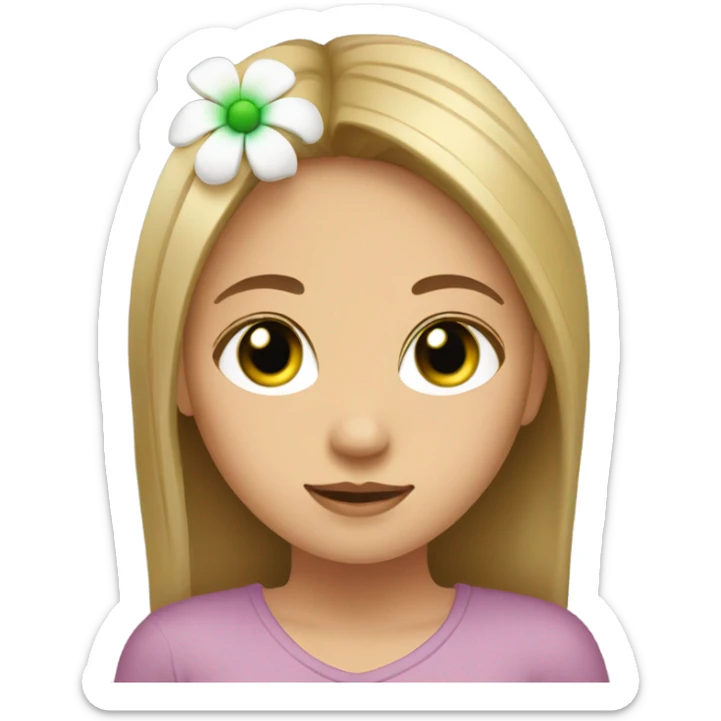 A girl with straight hair green eyes a mole under the lip and with a flower in her hair sticker