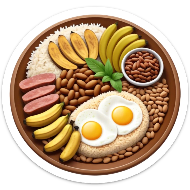 Cinematic Realistic Bandeja Paisa Dish Emoji, depicted as a hearty platter featuring beans, rice, meat, and plantains rendered with detailed textures and vibrant, robust lighting. sticker