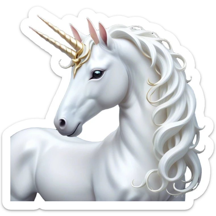 Beautiful and Majestic White Unicorn Portrait Emoji, Head and body exuding serene brilliance with a luminous, flowing mane and a gracefully spiraled horn, eyes gently closed in peaceful reverie, Simplified yet exquisitely enchanting features, highly detailed, glowing with a soft, celestial light, high shine, serene and utterly majestic, stylized with an air of timeless fantasy, soft glowing outline, capturing the essence of a beautiful and majestic white unicorn that embodies the pure magic of legend! sticker