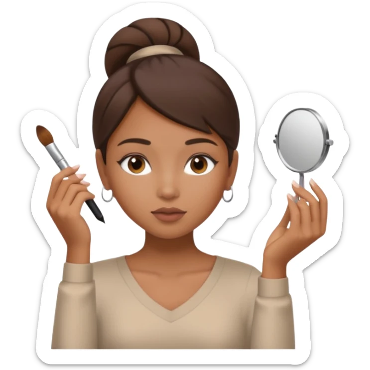 Draw a mixed-race girl applying makeup, wearing a clean girl blouse and with straight brown hair far away  sticker