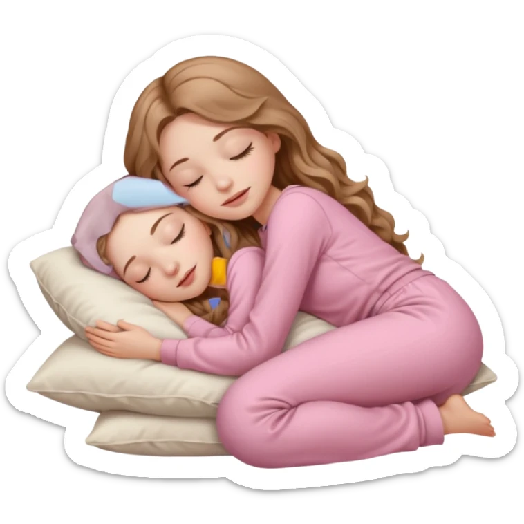 girl with pale skin and long wavy light brown hair in light pink clothes sleeping on a pillow sticker