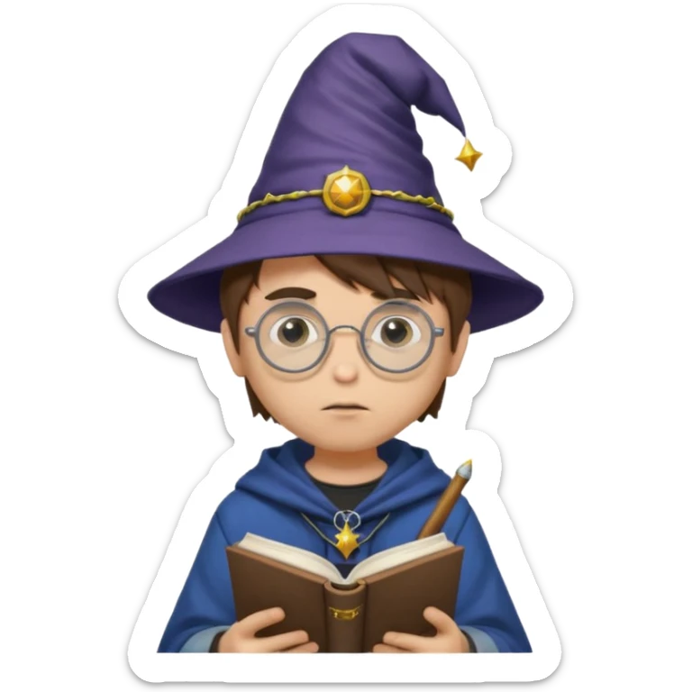 ["A sad boy with light skin, straight hair, wearing a wizard hat and round glasses, dressed in punk fashion, is reading a book while holding a phone."] sticker