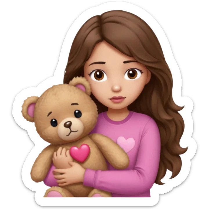 girl with long wavy brown hair, brown eyes, light to medium complexion, in a pink shirt, pink lips, long lashes, sad, hugging squeezing  a teddy bear with hearts sticker