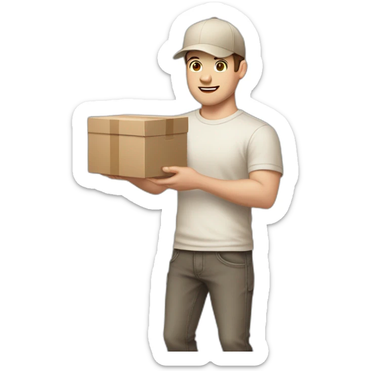 Pale skinned fit Man with dark brown hair in a beige cap, gray jeans, brown polo and white T-shirt keeping a pasted with tape white box into his hands sticker