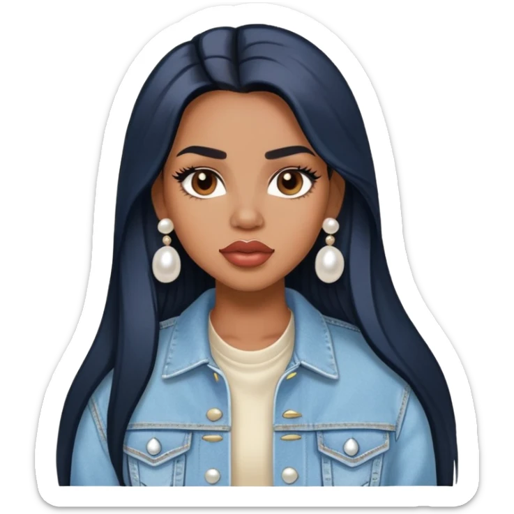 light brown skin tone, very beautiful woman, with big plump lips, long long lashes, black straight long hair, brown eyes, light blue denim jacket, pearl stud earrings sticker