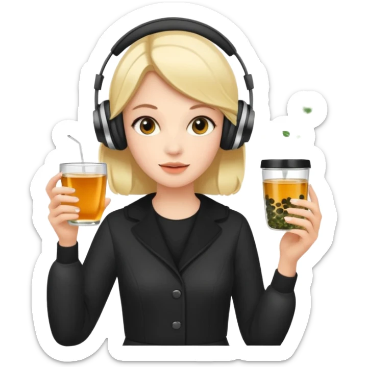 a young woman full length walks with headphones on with a caviar toast in one hand and herbal tea in the other hand sticker