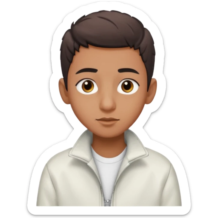 algerian teenage boy with very short gradient hair, brown eyes and long lashes, big nose and he is wear a white jacket sticker