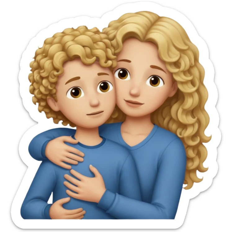 a mother with blond curly long hugging his son with brown hair and like saying its okay sticker