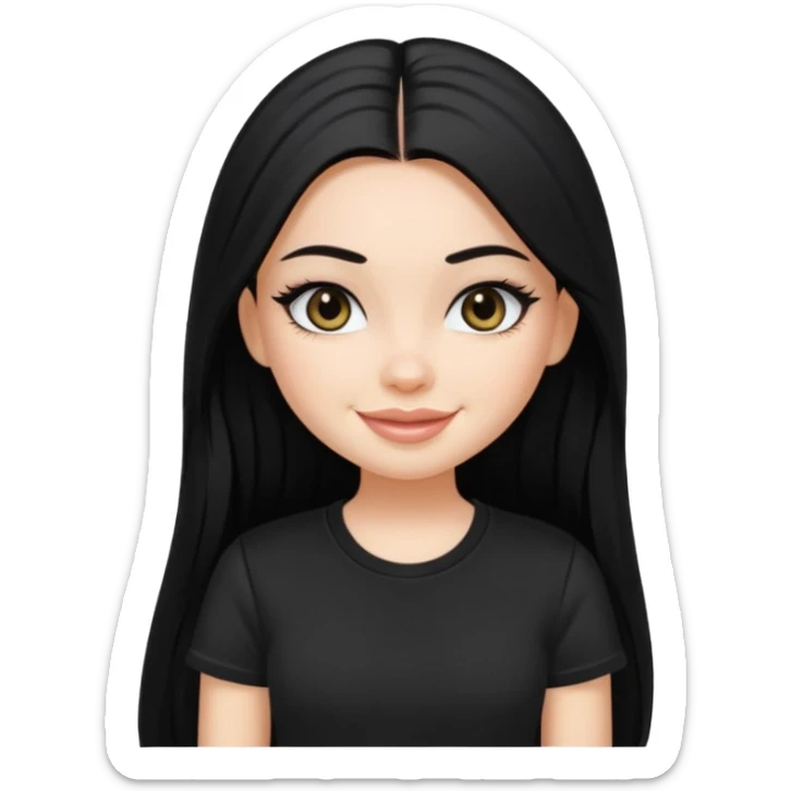 a pretty bratz fair girl with straight long black hair, wearing a black tshirt, smiling, eyeliner on sticker