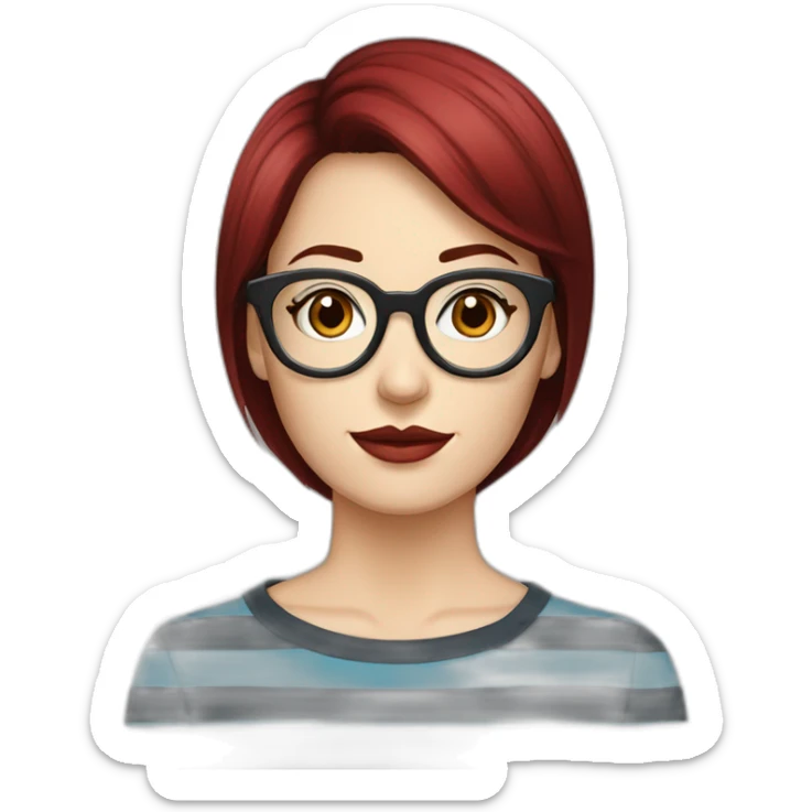 a woman face with grey eyes and a dark red shag haircut, transparent vintage style glasses, a round face and a black and blue striped shirt sticker