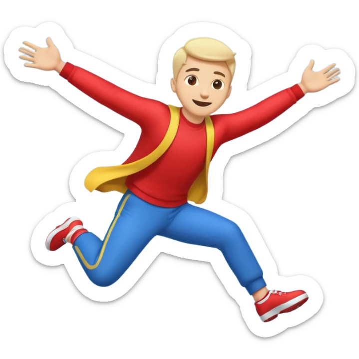 A cartoon-style emoji of a man flying backwards, leaning backward as if levitating from music, arms spread, energetic and joyful, simple bold lines, bright colors, minimal background, perfect for social media emoji, high contrast, small icon size sticker