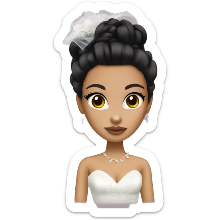 Bratz, bride, black updo hair, olive skin, brown almond cat eyes sticker