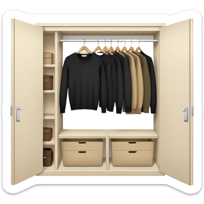 Cute closet with door ajar revealing black long sleeve shirts, sweaters, and khaki work pants hanging organized sticker