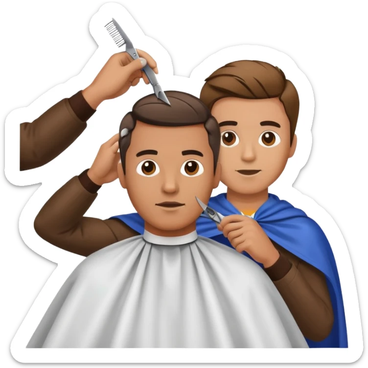 a man with a large face, wearing a barber cape, having his hair cut with scissors above his head sticker