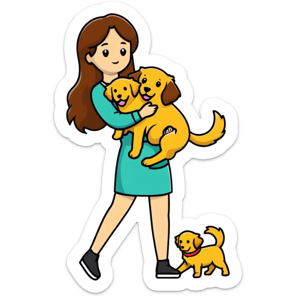 woman with long brown hair holding a golden retriever dog in her arms sticker