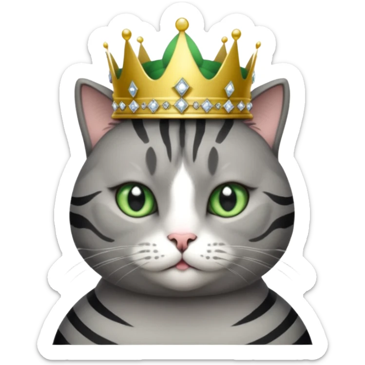 Gatito gris oscura con rayas negras ojos verdes vestida de reina con coronas y diamantes, más peluda y gordita  sticker