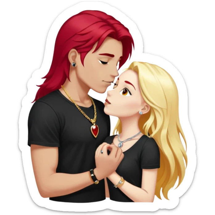 close-up of young couple kissing, girl with long cherry red hair and blonde eyebrows, gold A necklace, diamond ring, red bracelet, boy with stark white hair, silver ring with black stone, dark t-shirt sticker