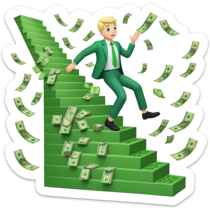 Emoji-style 3D illustration of a person climbing stairs made of money labeled “$10K” and “$20K”, with confetti and upward green arrows, bright optimistic lighting sticker