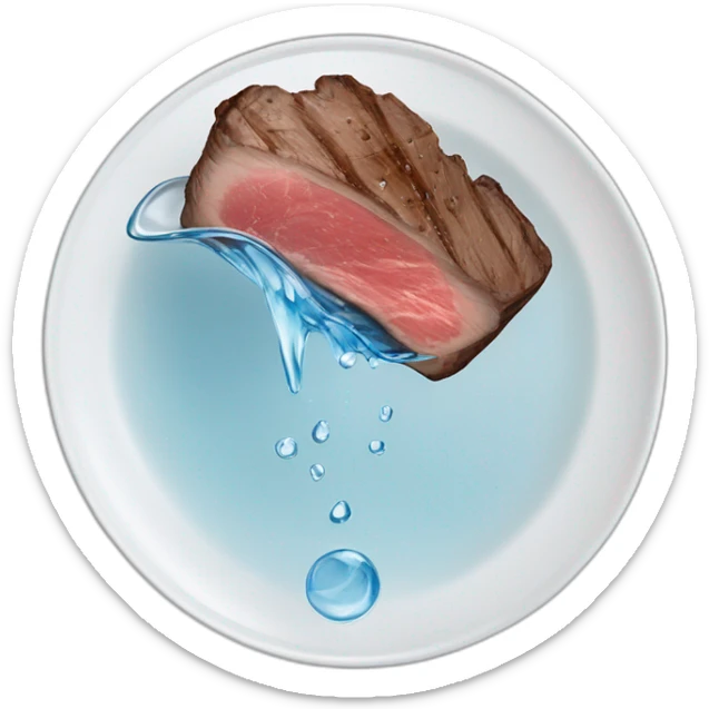 glass of water suspended horizontally in the air above a slice of rare steak on a plate, the water pouring out onto the top of the steak sticker