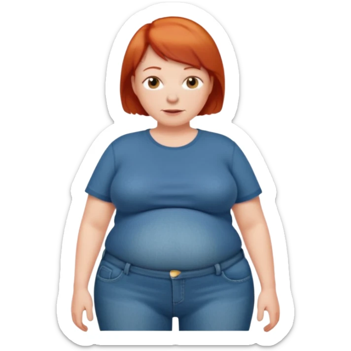 Lazy old Short woman with straight short red hair and fat tummy..wears jeams and full tahirt sticker