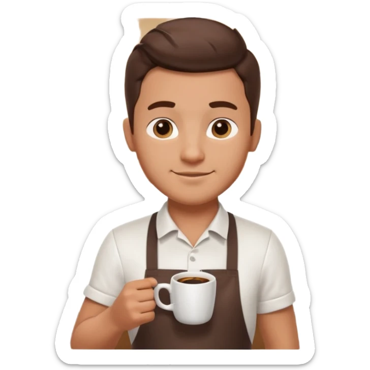 male barista portrait, head and shoulders only, wearing apron collar, holding a coffee cup, confident friendly expression, cafe worker vibe, 3D cartoon, mobile game icon style, clean background, no text, no watermark
 sticker