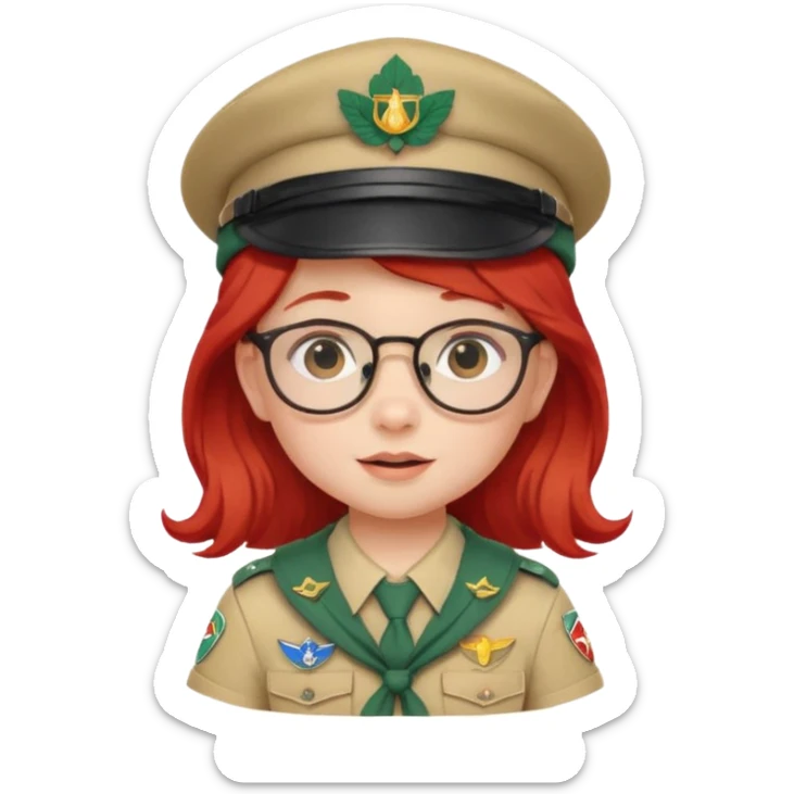 scout girl baby with uniform including the hat,  little with glassess and long red hair sticker