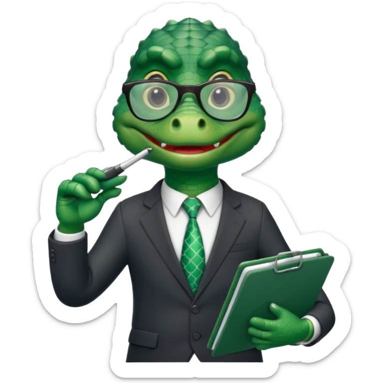 A cartoon alligator in a business suit with a clipboard and glasses sticker