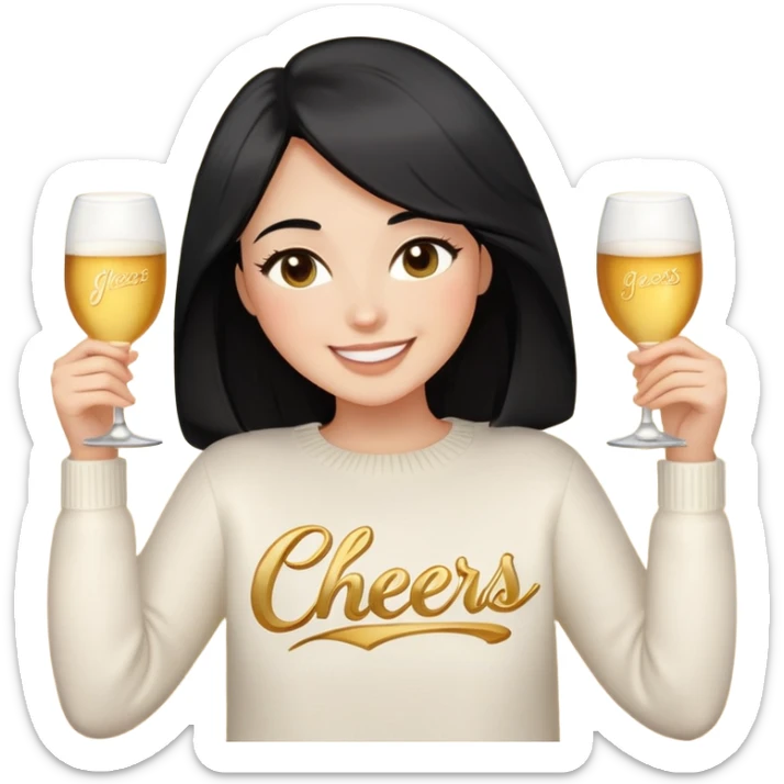 A woman with longer black hair, light to medium skin tone, full cheeks, and almond-shaped eyes, wearing a simple white sweater with the word 'cheers' in gold script, joyful and radiant expression, cheerful, emoji style, just her torso, no hands, no cups. sticker