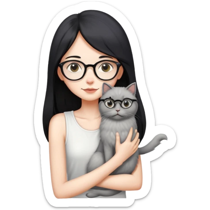 Skinny woman with oval glasses, long straight black hair, wearing white sleeveless top, hugging a grey Persian-Angora cat, plain background sticker