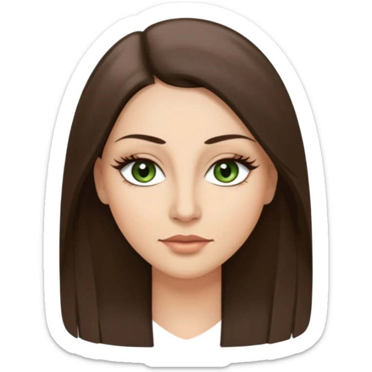 40 year old Adult woman avatar, light skin tone, oval face, long straight ashy brown hair, green almond-shaped eyes with dramatic eyelashes and minimal eyeliner, neutral mouth, medium straight eyebrows, small nose, smooth skin sticker