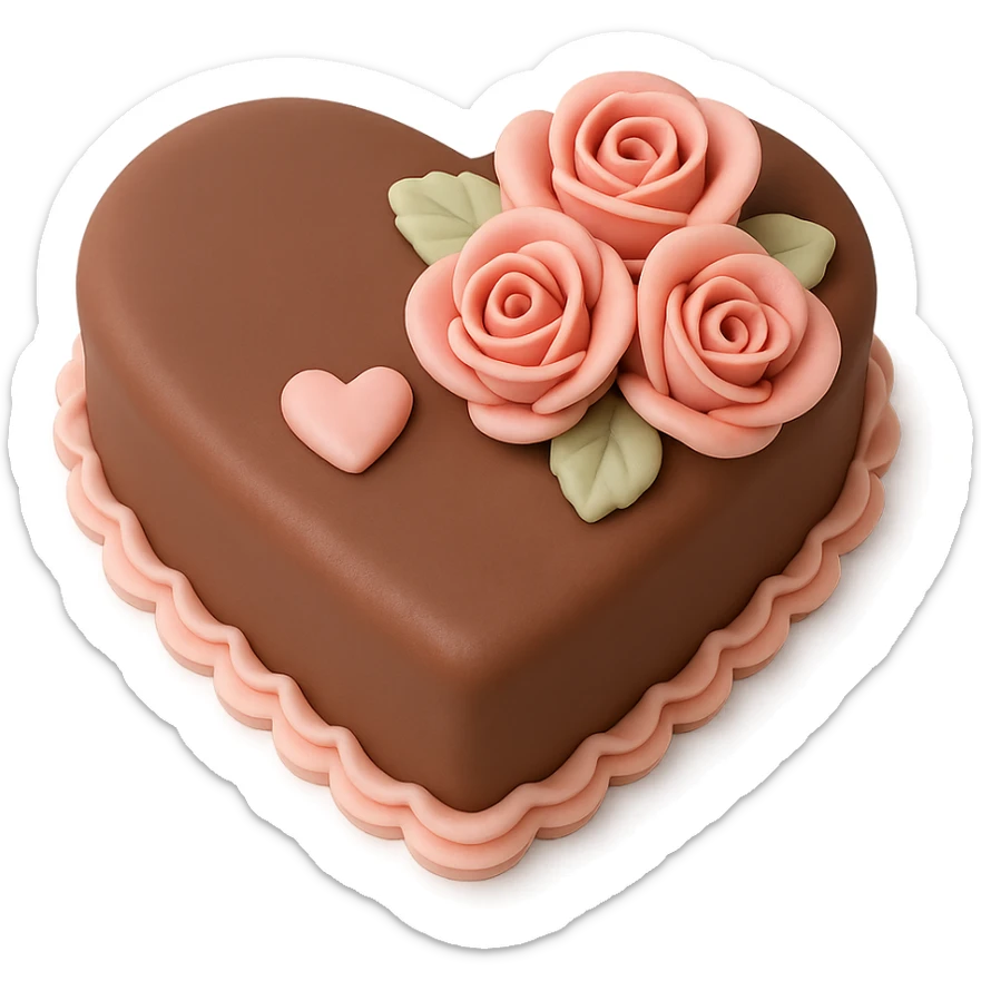 heart-shaped chocolate fondant cake with piped roses, transparent background sticker