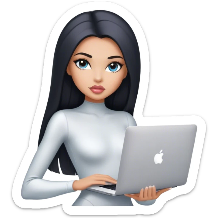 Glamours, tanned, very beautiful girl, with big pump peach-beige-rose lips, black straight smooth silky long hair, straight parting, blue-grey eyes, in white bodysuit holding MacBook sticker