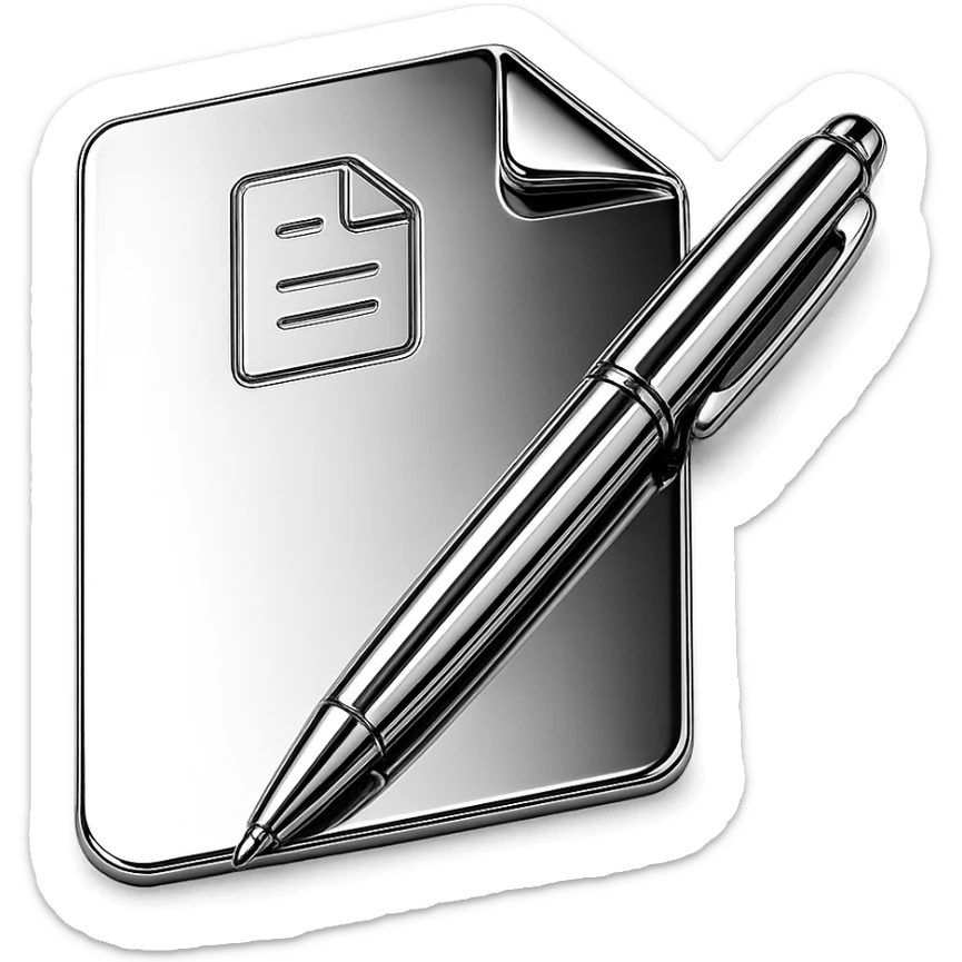 stylized chrome sheet of paper with a shiny pen placed diagonally, futuristic and smooth sticker