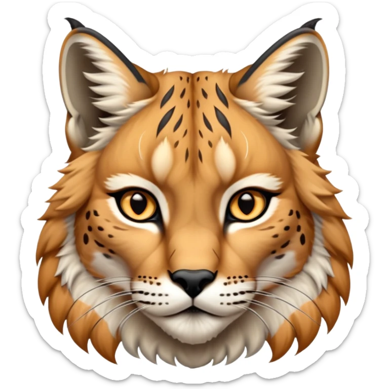 Cinematic-Noble-Lynx-Portrait-Emoji – Poised and regal, with a strong, agile build and a strikingly patterned coat of warm tawny fur accented by bold black ear tufts, deep-set, intelligent amber eyes, simplified yet sharp and sophisticated. sticker