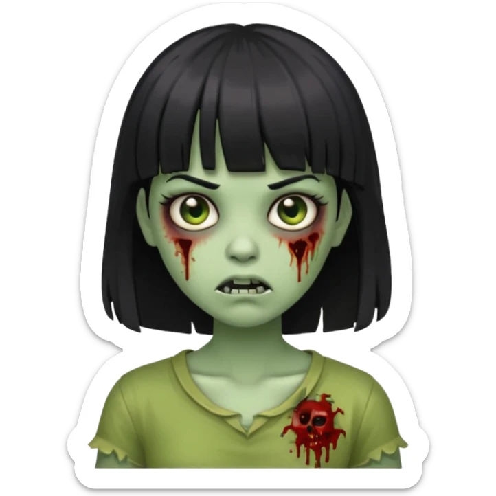 zombie girl with black hair and bangs, greenish skin sticker