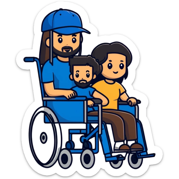 Beige skin man with a beard and cap in a wheelchair sitting next to a brown skin woman with long black hair in a wheelchair  sticker